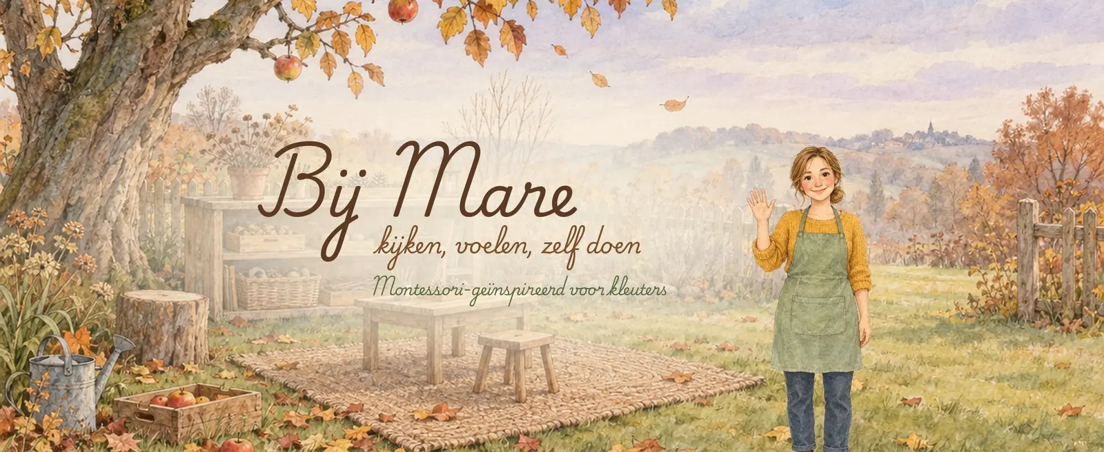 Bij Mare: juf Mare zwaait in de Kleurentuin, een herfsttuin met een appelboom. Kijken, voelen, zelf doen.